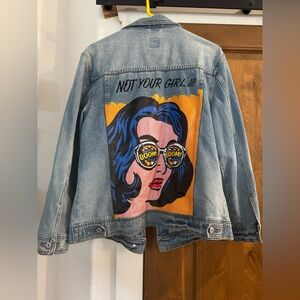 Distressed Denim Jacket with Graphic Comic Print Pop Art Light Wash Size M
